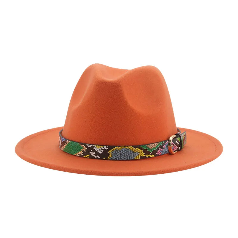 Wide Brim Wool Fedora Hat with Snake Skin Striped Band-Hats-Innovato Design-Orange-Innovato Design