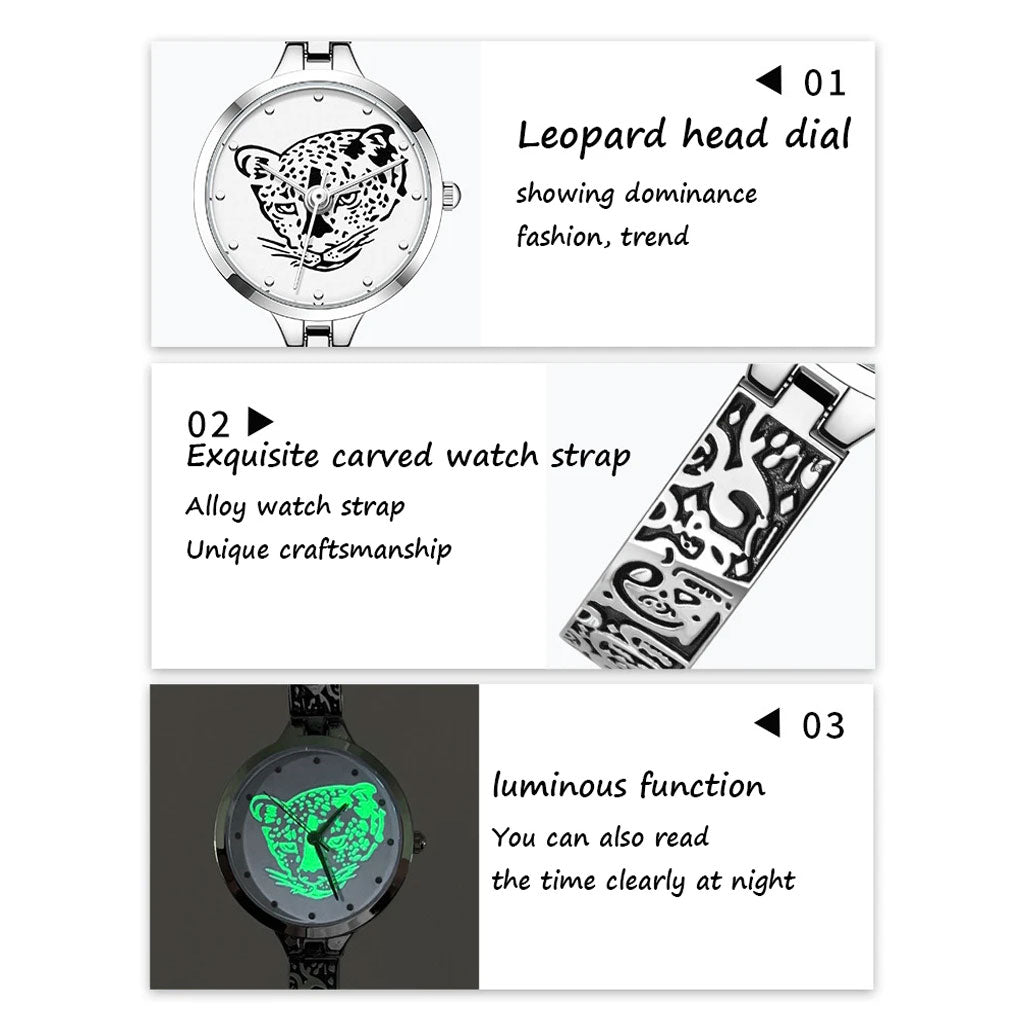 Waterproof Leopard Shining Cubic-Zirconia-Studded Stainless Steel Band Fashion Hip-hop Quartz Watch