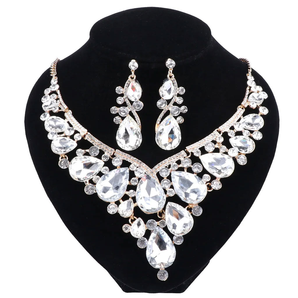 Crystal and Rhinestone Flower Necklace, Bracelet, Earrings & Ring Wedding Statement Jewelry Set