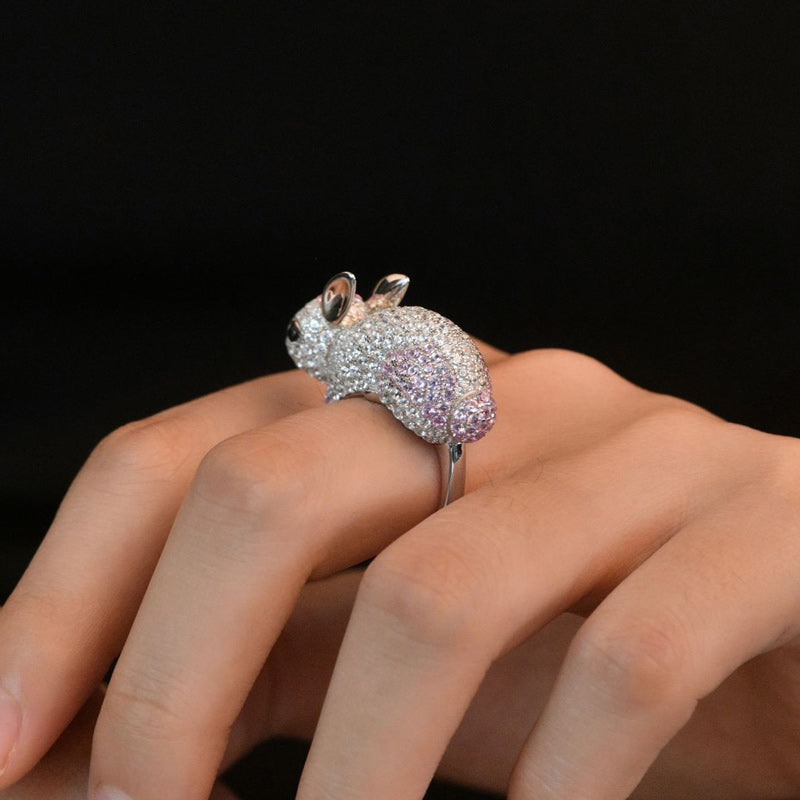 Cute Sterling Silver Rabbit Ring Crystal Sparkling Pink Zircon-Rings-Innovato Design-5-Innovato Design