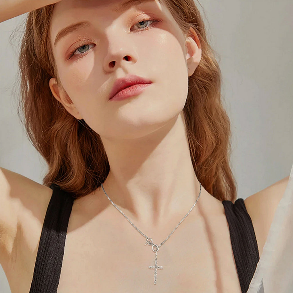 Sterling Silver Faith Hope Love Hollow Sideway Cross Pendant Necklace, 18 Rolo Chain