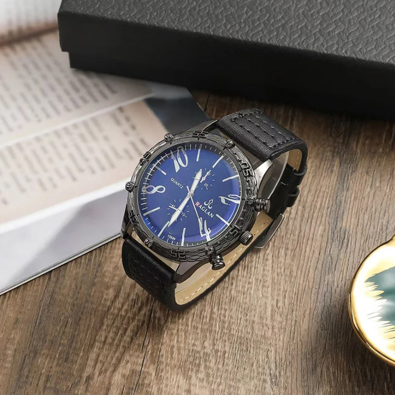 Men Quartz Watch, Black Leather Wallet, USB Cable, and Keychain Gift Box Set-Jewelry Sets-Innovato Design-Innovato Design