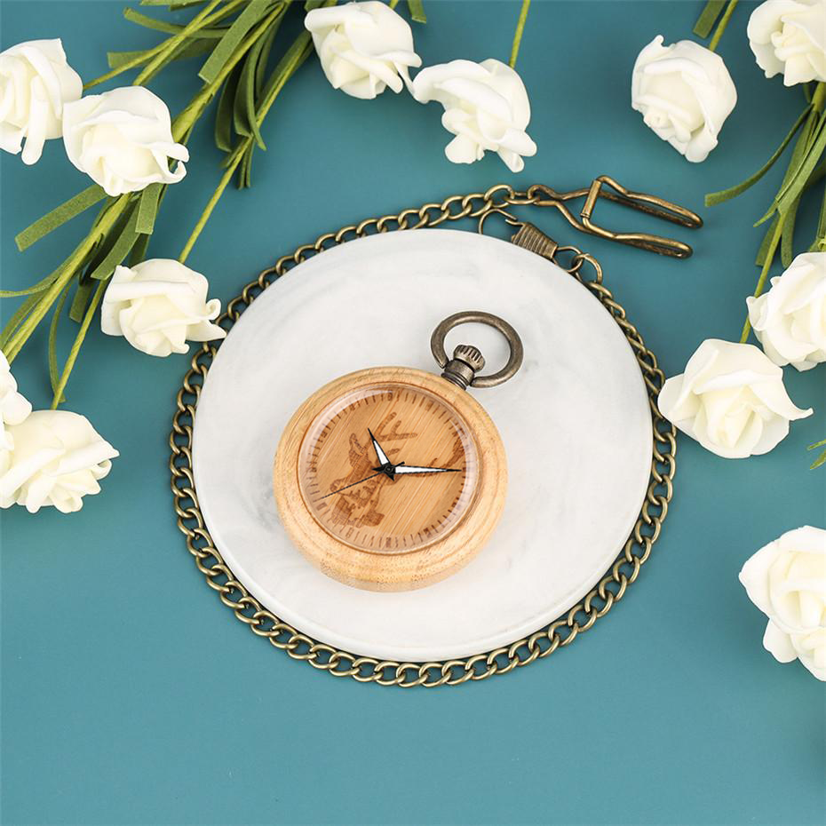 Bamboo Wood Pocket Watch with Elk Display-Pocket Watch-Innovato Design-Innovato Design