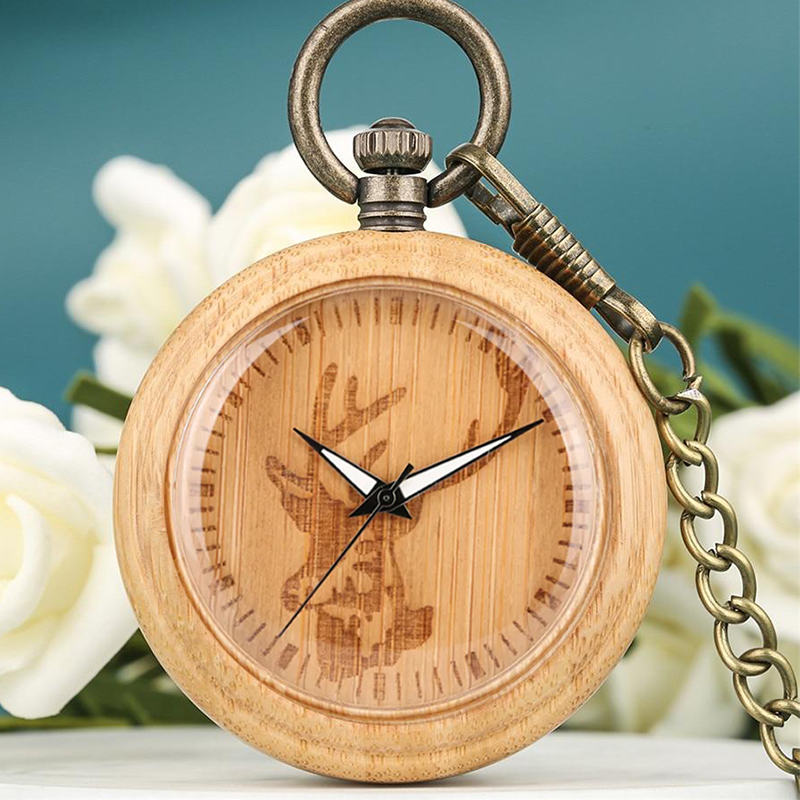 Bamboo Wood Pocket Watch with Elk Display-Pocket Watch-Innovato Design-Innovato Design