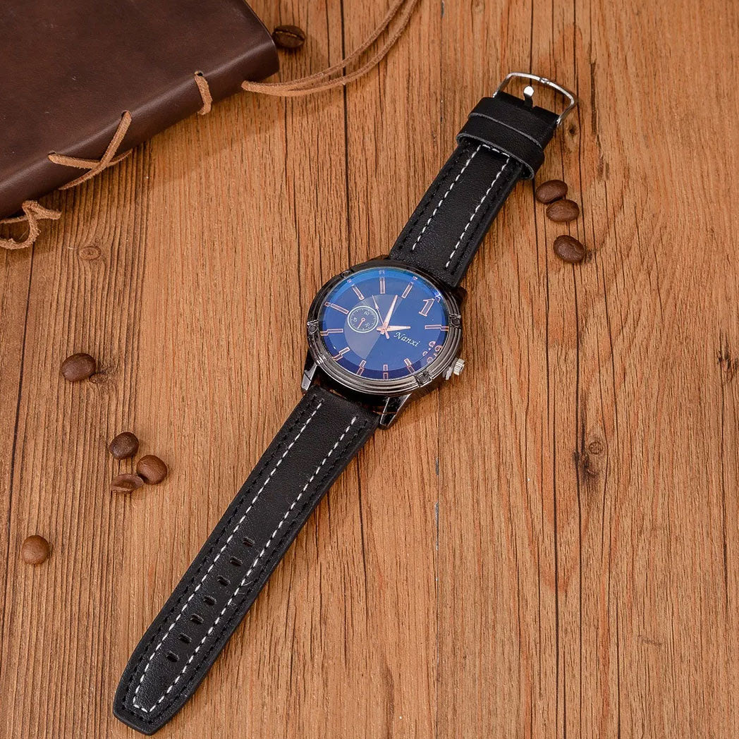 Men Large Dial Quartz Watch, Belt, Folding Wallet, Sunglasses, Keychain, and Ballpoint Pen Gift Set