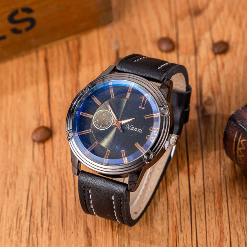 Men Large Dial Quartz Watch, Belt, Folding Wallet, Sunglasses, Keychain, and Ballpoint Pen Gift Set