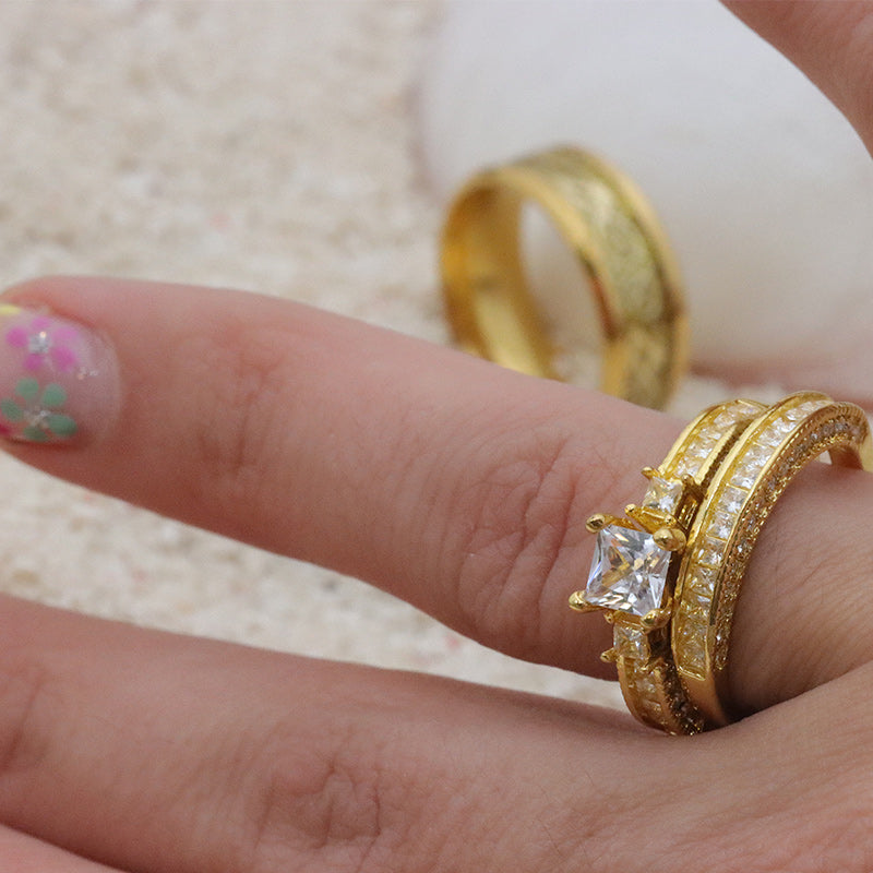 Gold Celtic Dragon and White Cubic Zirconia Gold-Plated Stainless Steel Wedding Ring Set-Couple Rings-Innovato Design-6-5-Innovato Design