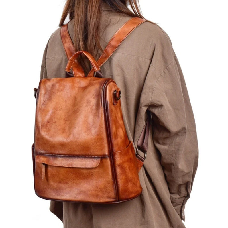 Brown Genuine Leather School Bag Cowhide Women Travel Bag-Backpacks-Innovato Design-Innovato Design
