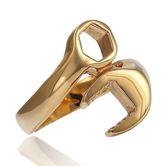 Men Gold Plated Stainless Steel Biker Mechanic Wrench Tool Ring-Rings-Innovato Design-7-Innovato Design
