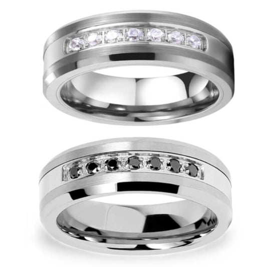 His & Her Black White Cubic Zirconia Stone Inlay Tungsten Carbide Rings Wedding Set-Ring-Innovato Design-7-7-Innovato Design
