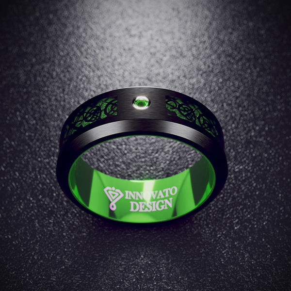 Black Tungsten Carbide Dragon Blue Inlay with Cubic Zirconia Firestone Wedding Band-Rings-Innovato Design-Blue-7-Innovato Design