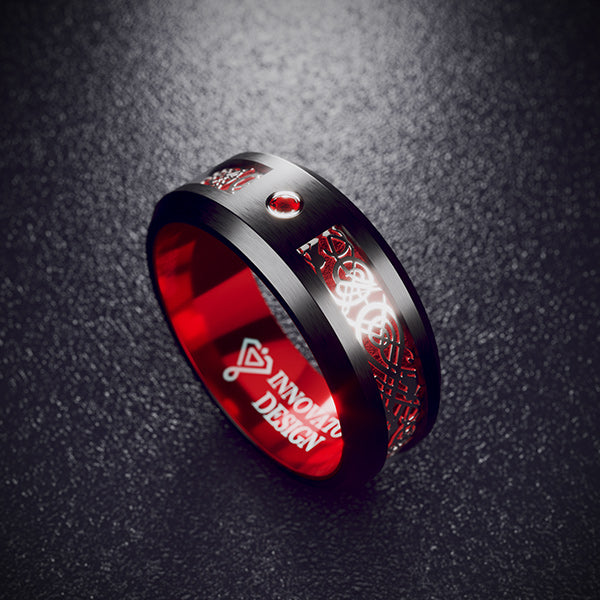 Black Tungsten Carbide Dragon Blue Inlay with Cubic Zirconia Firestone Wedding Band-Rings-Innovato Design-Blue-7-Innovato Design