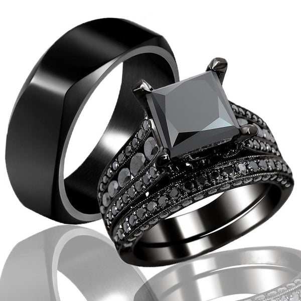Black Cubic Zirconia and Plain Tungsten Carbide Wedding Ring Set-Couple Rings-Innovato Design-6-5-Innovato Design