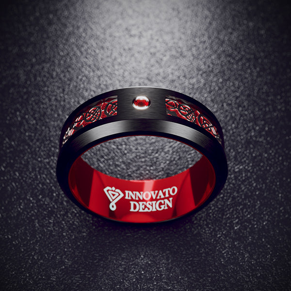 Black Tungsten Carbide Dragon Blue Inlay with Cubic Zirconia Firestone Wedding Band-Rings-Innovato Design-Blue-7-Innovato Design