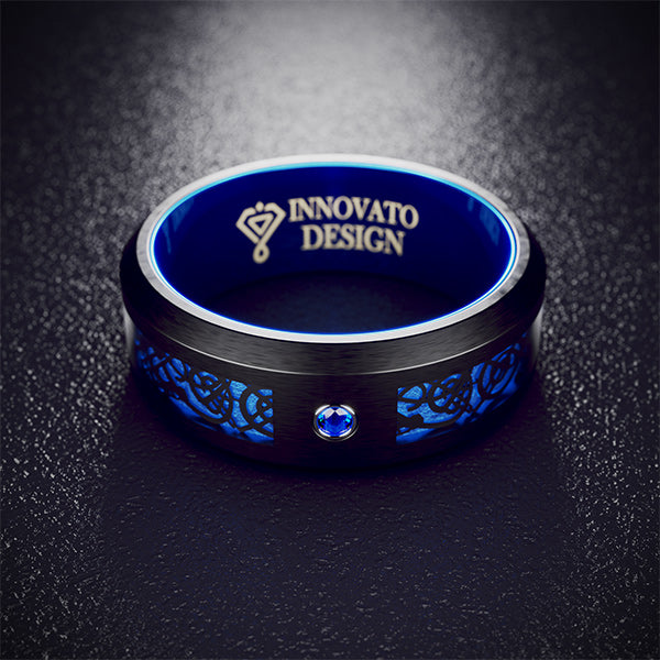 His & Her 6mm/8mm Black Tungsten Dragon Blue Inlay with Cubic Zirconia Wedding Bands-Ring-Innovato Design-6-7-Innovato Design
