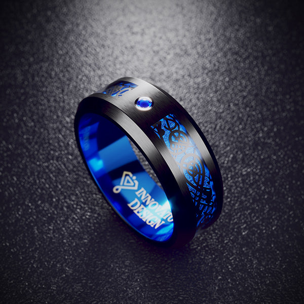 His & Her 6mm/8mm Black Tungsten Dragon Blue Inlay with Cubic Zirconia Wedding Bands-Ring-Innovato Design-6-7-Innovato Design
