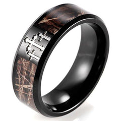 Men's 8mm Black Titanium Ring with Contrasting Engraved Crosses and Brown Camouflage Inlaid - InnovatoDesign