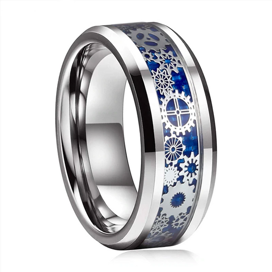 Silver Tungsten Carbide in Blue Inlay with Gear Design Wedding Band-Rings-Innovato Design-5-Innovato Design