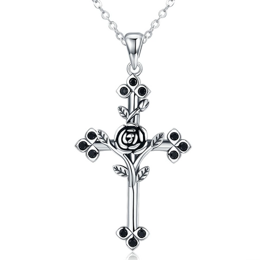 Two-Tone Silver Cross with Overlapping Rose Gold Rose Pendant Necklace-Necklaces-Innovato Design-Innovato Design