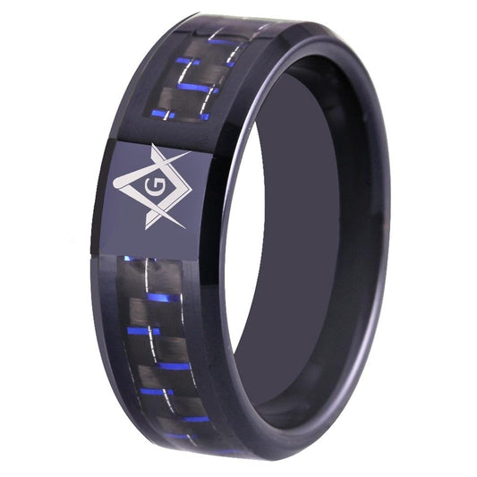 8mm Carbon Fiber with Masonic Symbol Black-Plated Tungsten Fashion Wedding Ring-Rings-Innovato Design-6-Innovato Design