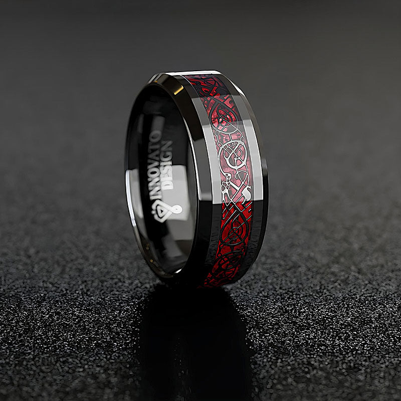 8mm Red & Black Celtic Dragon Tungsten Carbide Comfort Fit Wedding Ring-Rings-Innovato Design-5-Innovato Design