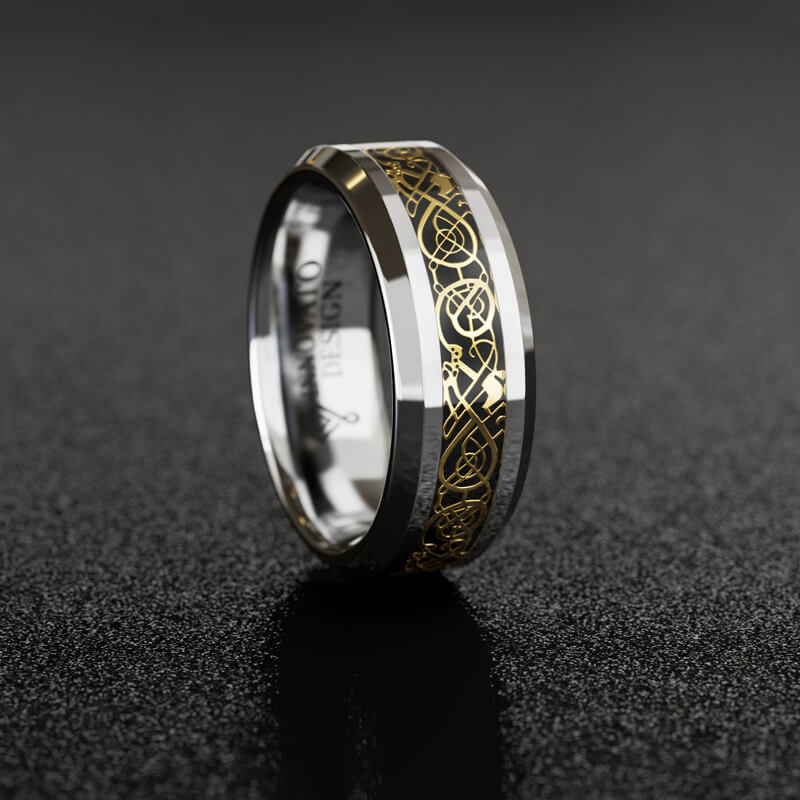 His & Her 6mm/8mm Tungsten Carbide Wedding Bands with Gold Celtic Dragon Inlay Set-Ring-Innovato Design-6-5-Innovato Design