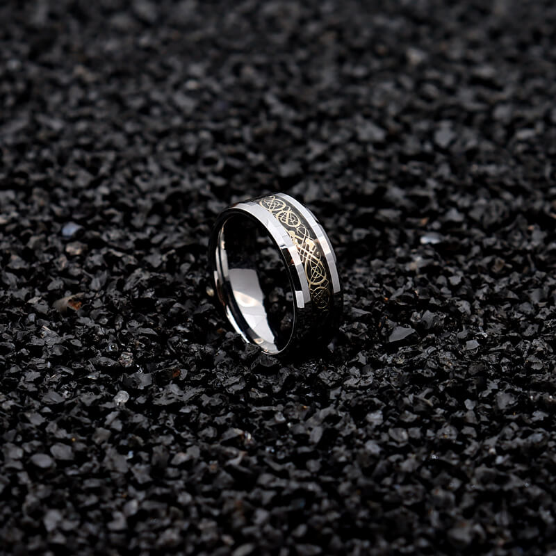 His & Her 6mm/8mm Tungsten Carbide Wedding Bands with Gold Celtic Dragon Inlay Set-Ring-Innovato Design-6-5-Innovato Design