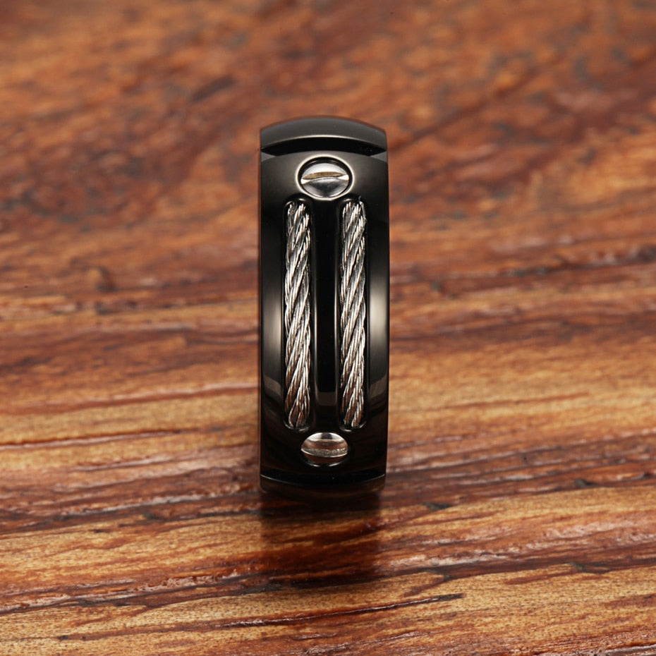 8mm Men's Silver/Black Cable Inlay Titanium Ring Wedding Band Screw Design Size 6-14-Rings-Innovato Design-Silver-7-Innovato Design