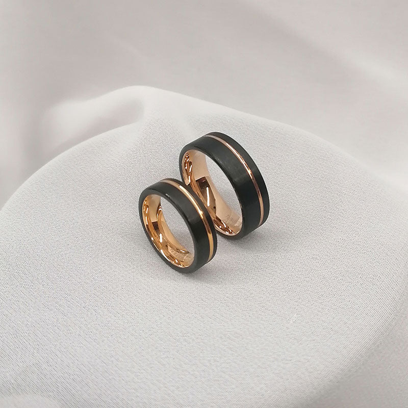 Rose Gold Inlay Black Tungsten Wedding Ring Set-Couple Rings-Innovato Design-8-6-Innovato Design