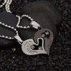 Stainless Steel Men Women Couple Necklace Pendant Love Heart CZ Puzzle Matching, Silver and Black Tone