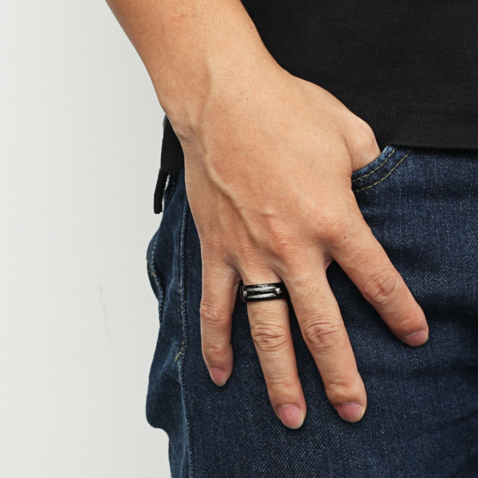 8mm Men's Silver/Black Cable Inlay Titanium Ring Wedding Band Screw Design Size 6-14-Rings-Innovato Design-Silver-7-Innovato Design