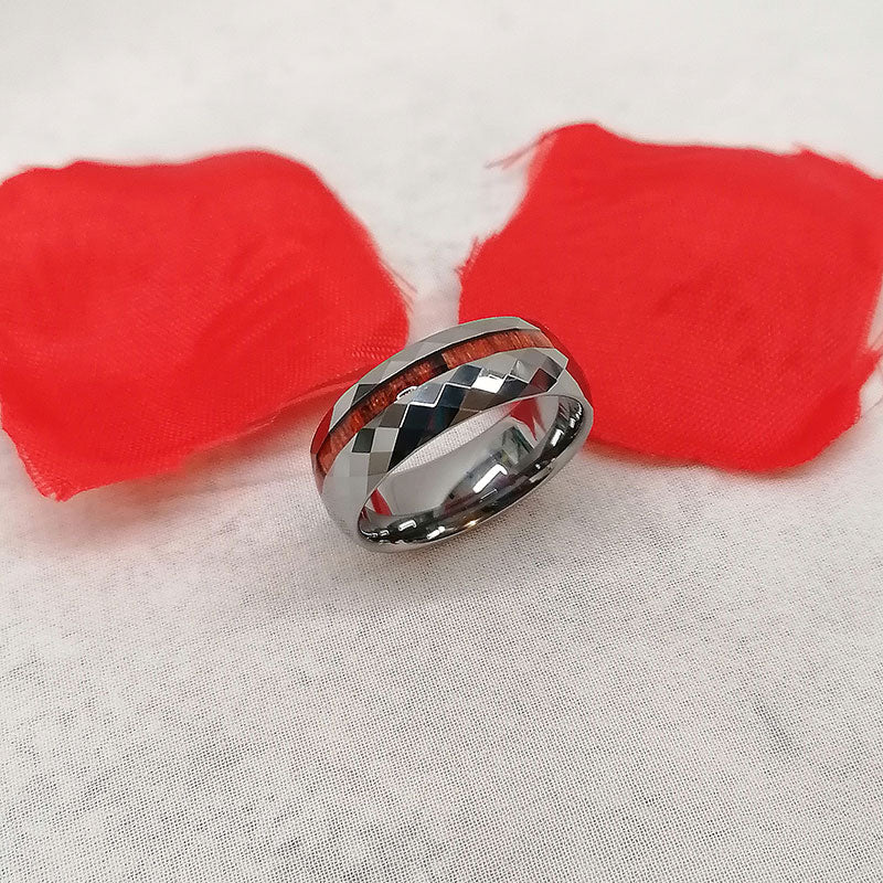 8mm Koa Wood Inlay Multifaceted Tungsten Wedding Ring-Rings-Innovato Design-7-Innovato Design