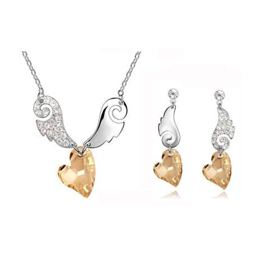 Austrian Crystal Heart and Rhinestone Angel Wings Necklace & Earrings Fashion Jewelry Set-Jewelry Sets-Innovato Design-Champagne-Innovato Design