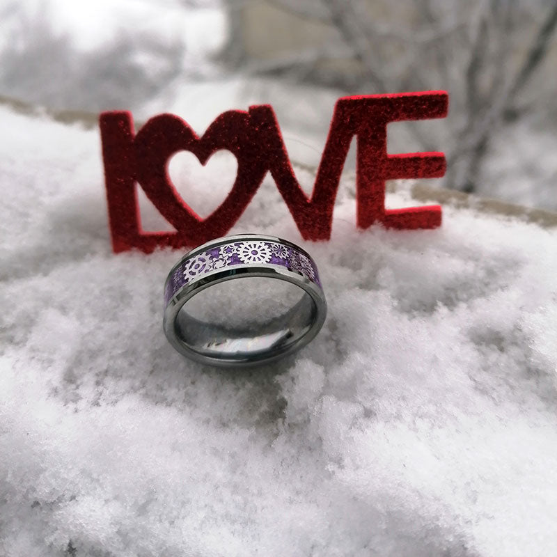 Silver Tungsten Carbide in Lavender Inlay with Gear Design Wedding Band-Rings-Innovato Design-7-Innovato Design