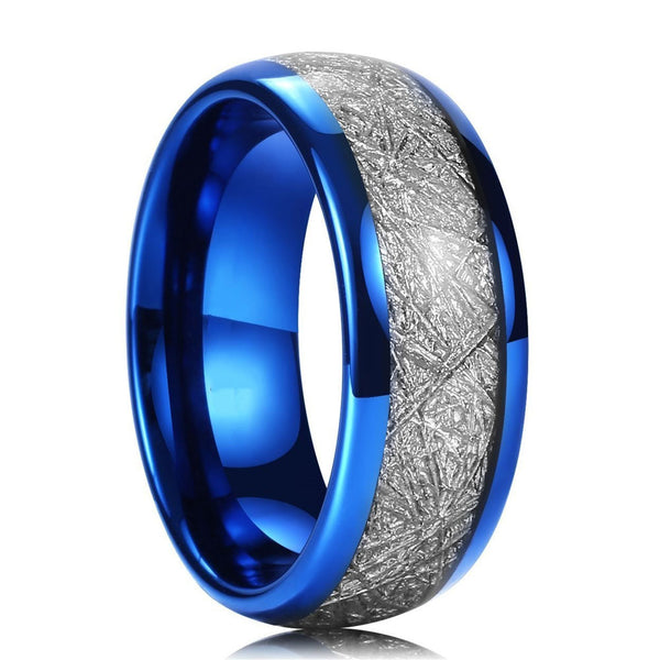 8mm Blue Tungsten Carbide Ring Meteorite Inlay Domed High Polished Wedding Band Comfort Fit-Rings-Innovato Design-7-Innovato Design