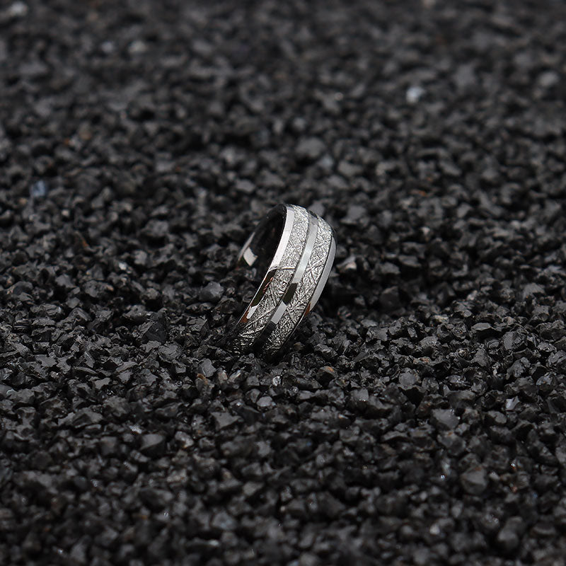 8mm Silver Tungsten with Silver Meteorite Inlay Wedding Band-Rings-Innovato Design-5-Innovato Design