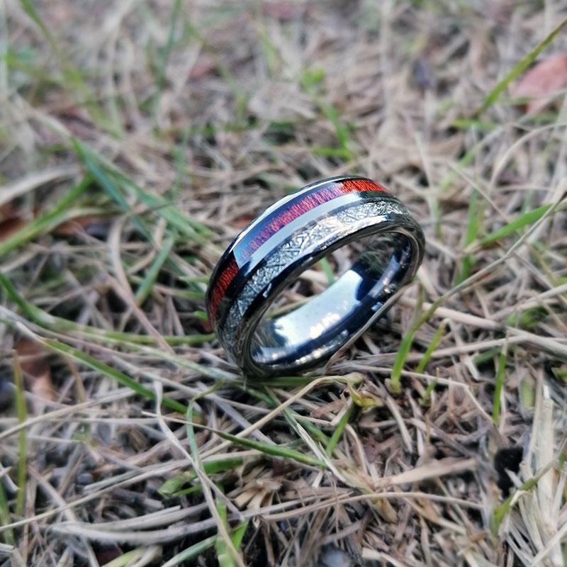 8mm Silver Plated Meteorite and Real Wood Inlay Tungsten Ring-Rings-Innovato Design-6-Innovato Design