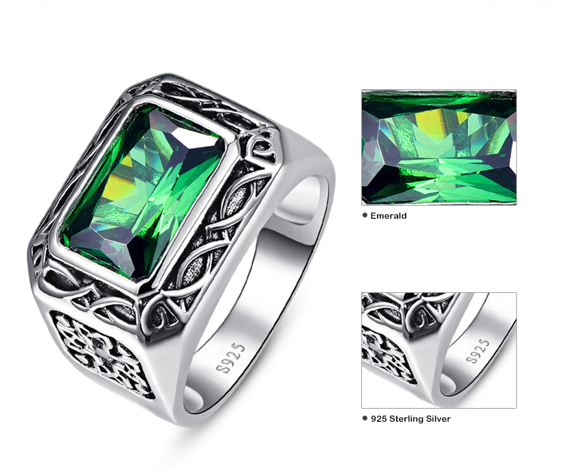 Men's Sterling Silver Wedding Band Engagement Ring Green Nano Emerald Simulated Peridot Ring-Rings-Innovato Design-6-Innovato Design
