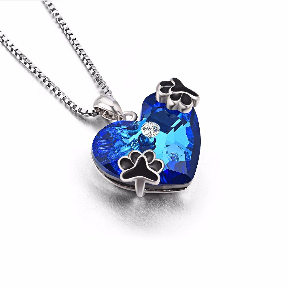 925 Sterling Silver Blue Heart of Ocean Crystal Pendant with Paw Prints-Necklaces-Innovato Design-Innovato Design