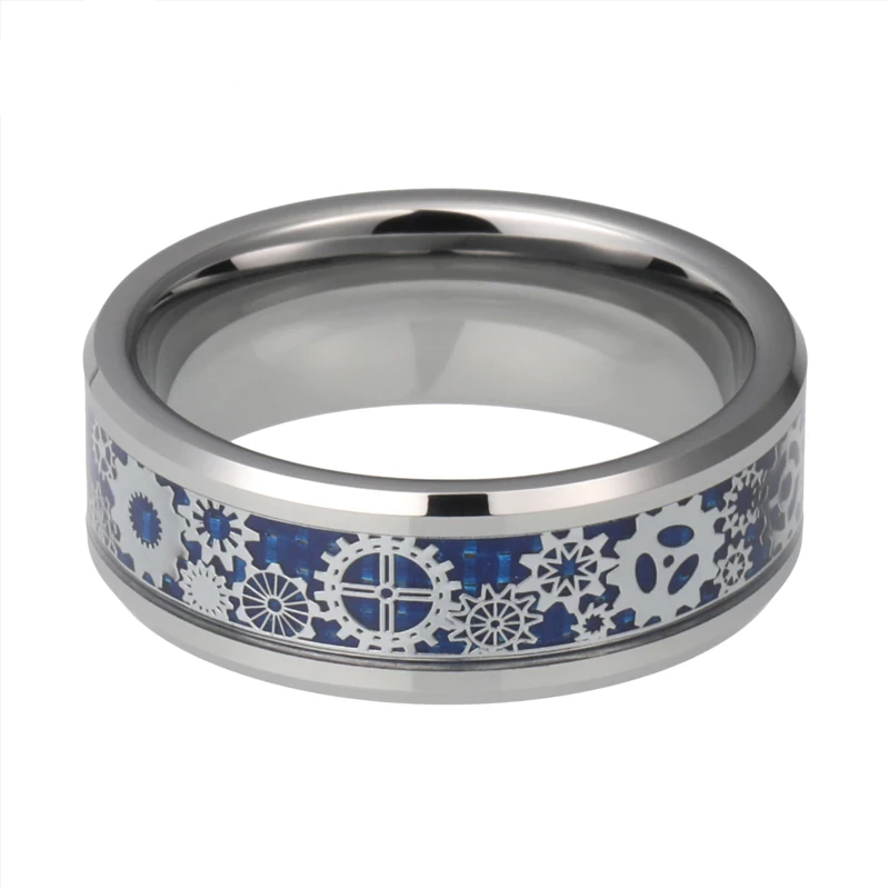 Silver Tungsten Carbide in Blue Inlay with Gear Design Wedding Band-Rings-Innovato Design-5-Innovato Design