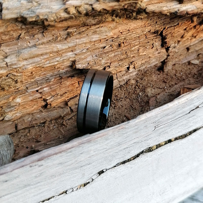 His & Her 6mm/8mm Brushed Matte Grey With Black Groove Tungsten Carbide Rings Set-Ring-Innovato Design-5-5-Innovato Design