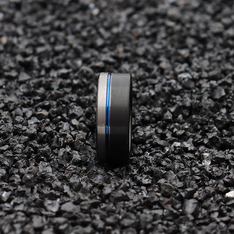 8mm Black, Silver and Blue Brushed Matte and Polished Tungsten Wedding Ring-Rings-Innovato Design-5-Innovato Design