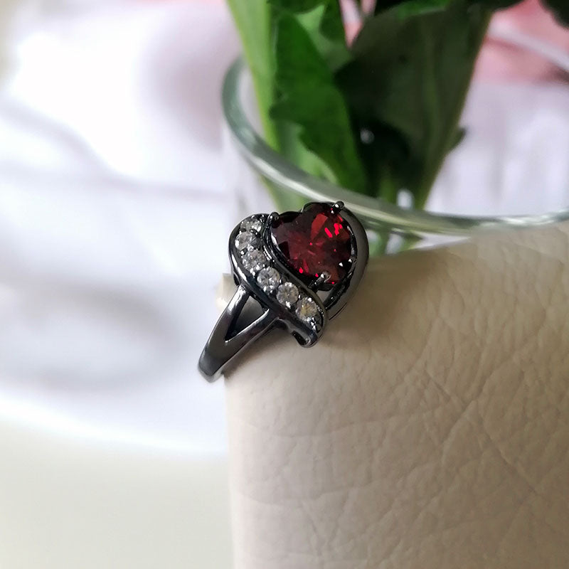 7mm Heart-Shaped Red Lab Ruby Stone with Cubic Zirconia Black-Rhodium-Plated Promise Ring-Rings-Innovato Design-6-Innovato Design
