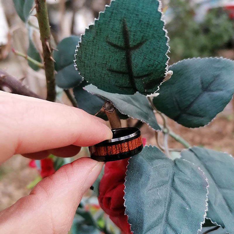 Natural Koa Wood Inlay Black Ceramic Ring-Rings-Innovato Design-5-Innovato Design