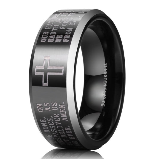 8mm Black Tungsten Carbide The Lord's Prayer Polished Finish Wedding Band Ring