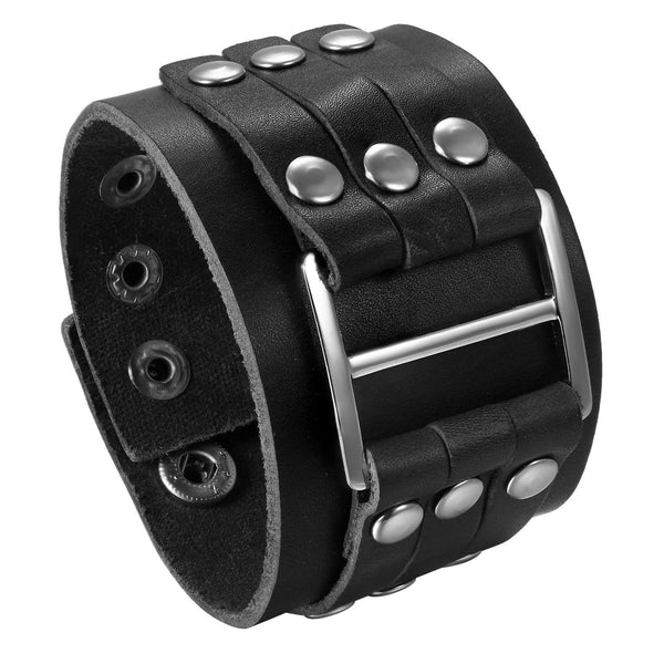 Men's Wide Alloy Genuine Leather Bracelet Bangle Cuff Brown Black Silver Tone Adjustable-Bracelets-INBLUE-black-Innovato Design