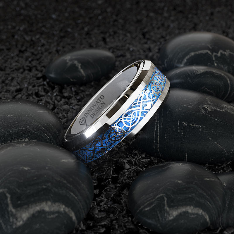 Dragon Blue Inlay Tungsten Spinner Wedding Band Ring-Rings-Innovato Design-Silver-6-Innovato Design