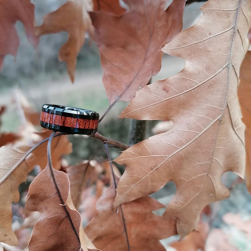 Natural Koa Wood Inlay Black Ceramic Ring-Rings-Innovato Design-5-Innovato Design