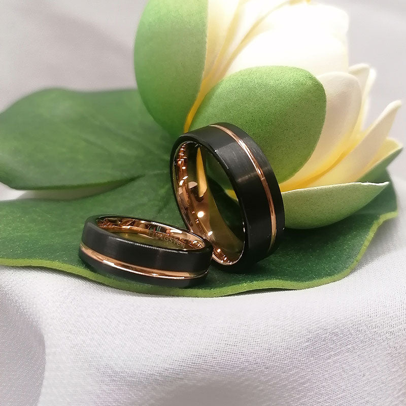Rose Gold Inlay Black Tungsten Wedding Ring Set-Couple Rings-Innovato Design-8-6-Innovato Design