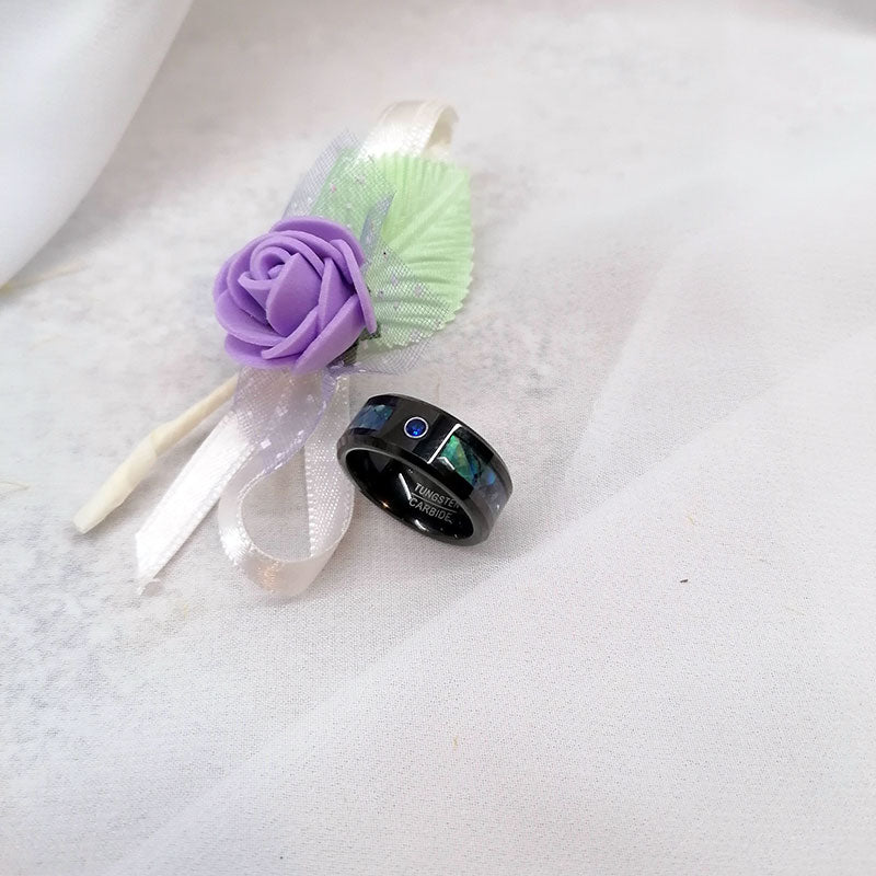 8mm Black Tungsten Carbide in Abalone Shell Inlay with Cubic Zirconia Wedding Band-Rings-Innovato Design-7-Innovato Design